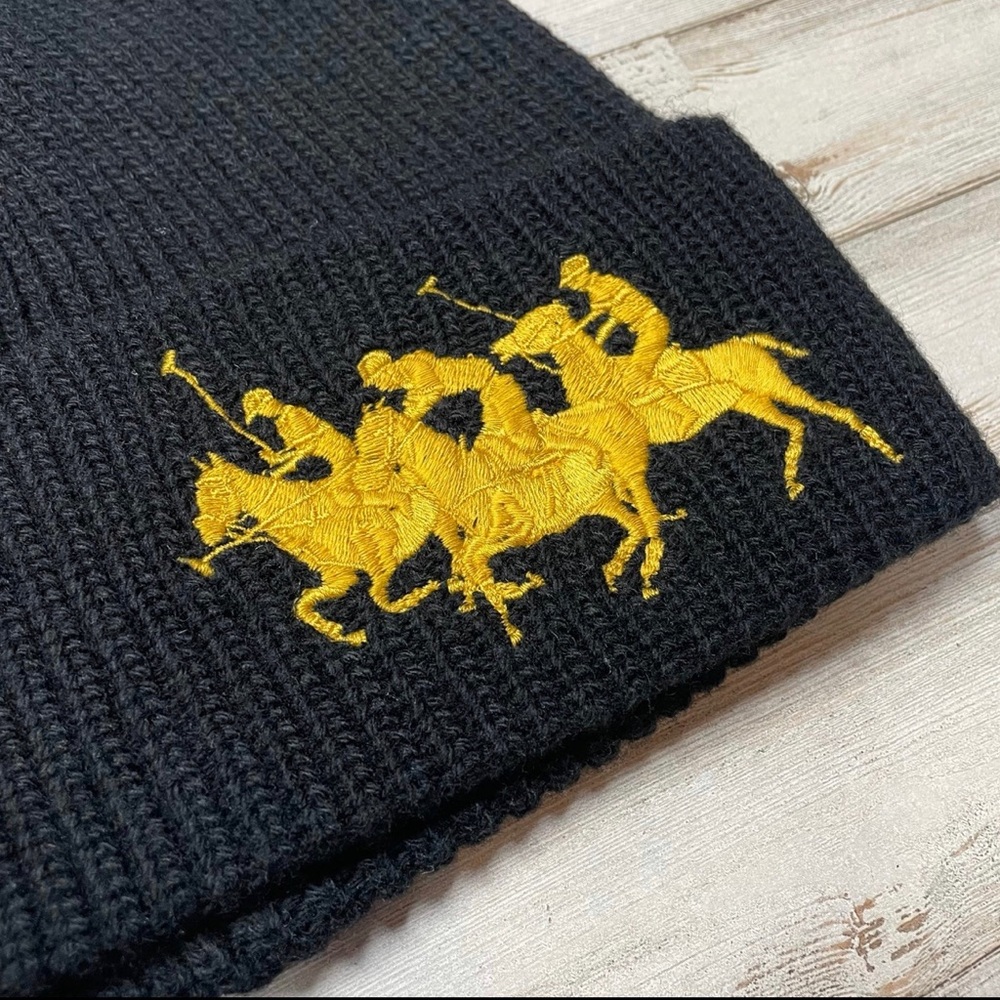 Polo Ralph Lauren Triple Pony Beanie Wool Blend Hat Black Gold NWT
